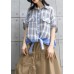 Chic patchwork plaid cotton box top lapel collar oversized summer blouse