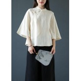 Handmade nude linen Blouse stand collar Chinese Button tunic shirts