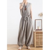 2021 lace-up waist light gray wide leg jumpsuit female summer cotton and linen jumpsuit