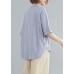 Handmade light blue linen linen tops women blouses Work Button Down elastic waist shirts