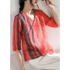 Chic v neck half sleeve linen Blouse Shirts red print top