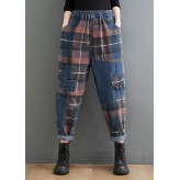 Style Blue Plaid Pockets elastic waist Patchwork Denim Pants Spring