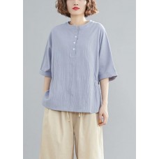 Handmade light blue linen linen tops women blouses Work Button Down elastic waist shirts